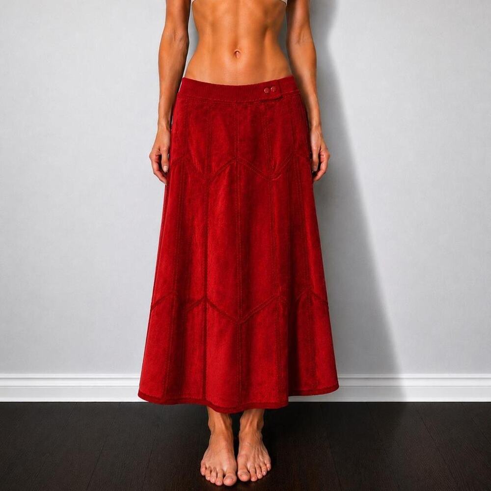 Vintage 70s Red Geometric Paneled Cowhide Suede Leather Western Maxi Skirt Sz M
